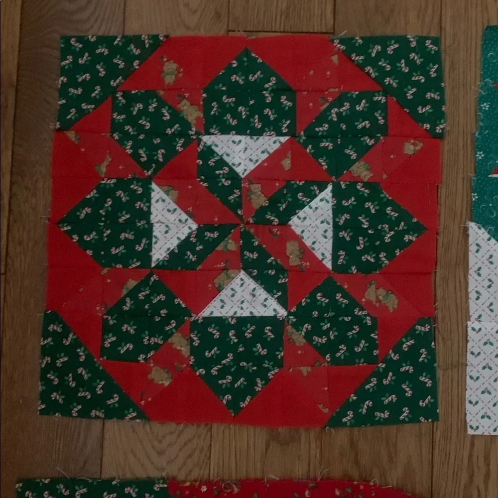 4 handmade Christmas Festive Patchwork Quilt Squares - Red and Green